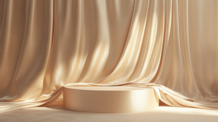 
Silky champagne color Fabric Podium Illuminated by a Soft Spotlight Set Against a Velvet-Textured champagne Background, Perfect for Showcasing Jewelry and Fashion Items copy space
