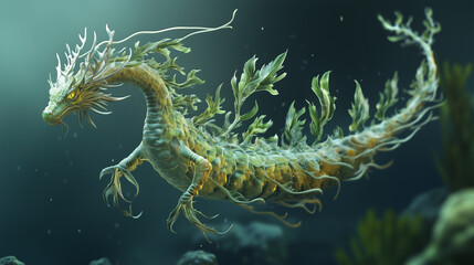 A sea dragon with delicate, leafy appendages floating gracefully in the water