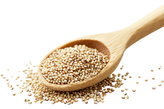 A wooden spoon cradles a mound of quinoa grains, spilling slightly onto a clean surface isolated on transparent background