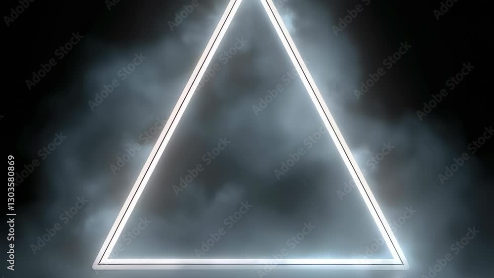 Poster glowing neon triangle in smoky atmosphere. futuristic geometric shape with illuminated edges. abstra