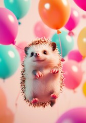 adorable happy hedgehog flying among pastel balloons.	