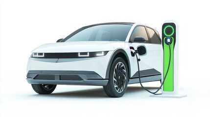 White Electric Car Charging at Green Station, clean energy, EV infrastructure