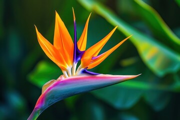 Fototapeta premium Bird of Paradise flower with vivid orange and purple petals against a lush green foliage