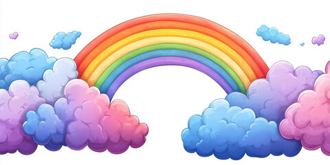 A zoomed-in view of a cartoon sky frame featuring clouds and a rainbow on a clean white background.