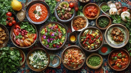 Vegetarian Feast Bowls of Colorful Dishes on Textile, healthy food, cuisine
