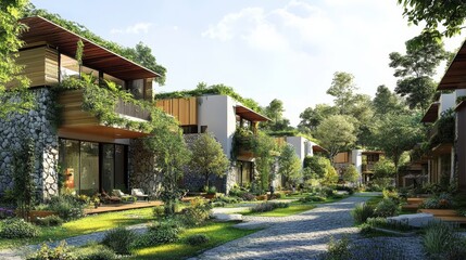 Fototapeta premium Lush Green Retreat Stone and Wood Villas Blended with Nature, Architecture , Eco-living