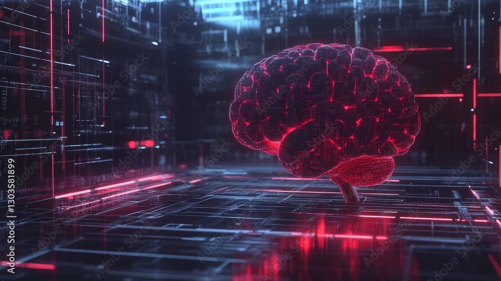 Poster glowing red brain circuitry on dark tech grid, ai , neural networks