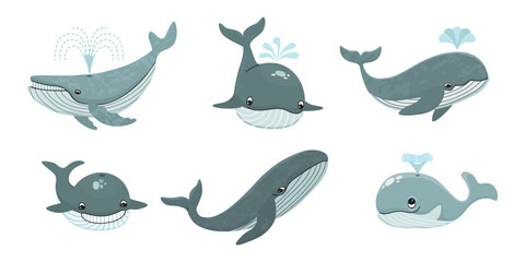 Cartoon whales with fountains set. Cute animals characters in blue grey colors isolated on white background. Vector design for use in card, banner template, poster, stickers. Flat color illustration.