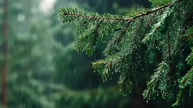 Rainy Day in the Forest: A Serene Evergreen Branch