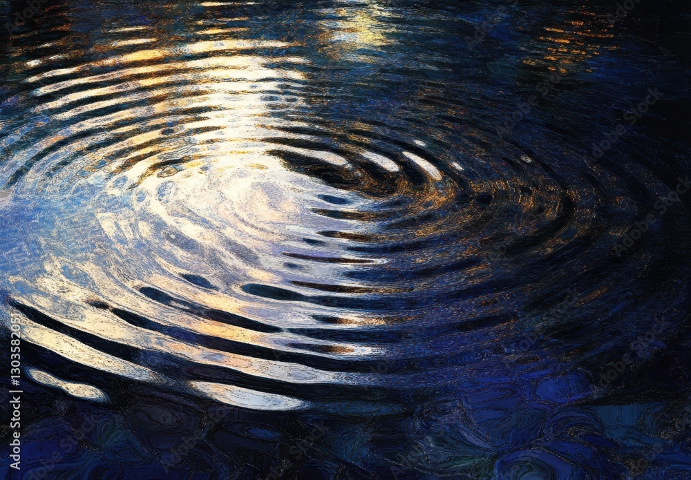 Poster tranquil reflections of light on water surface creating ripples and patterns in calm blue dark backg