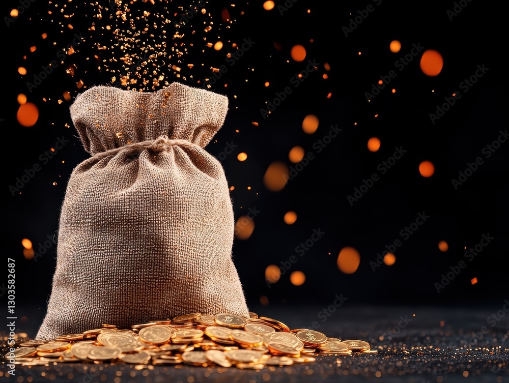 Poster a burlap sack overflowing with coins, surrounded by golden sparkles in a dark setting