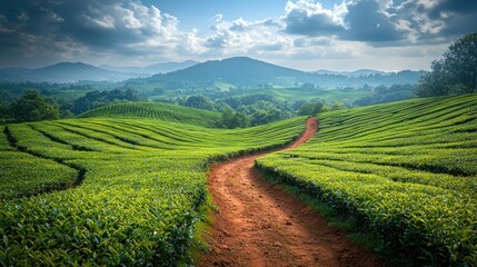 Fototapeta premium Winding path through lush tea fields, mountains in background, tranquil scenery