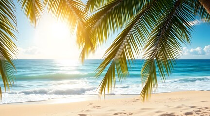 Fototapeta premium Sunlight filters through palm trees, casting a warm glow on the tranquil beach and inviting waves, creating an idyllic tropical paradise perfect for relaxation and escape. 