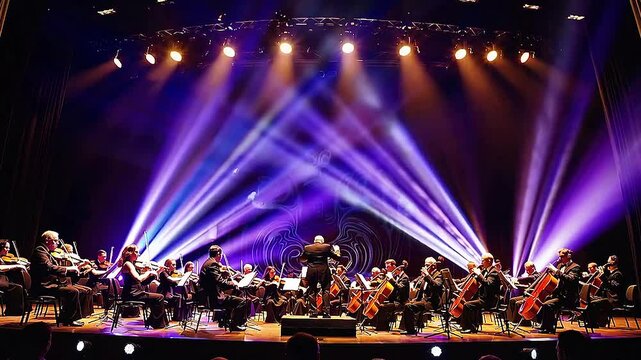Orchestral Performance Under Dramatic Lights Featuring Musicians Playing String Instruments in a Mystical Atmosphere with Colorful Spotlights and Breathtaking Effects