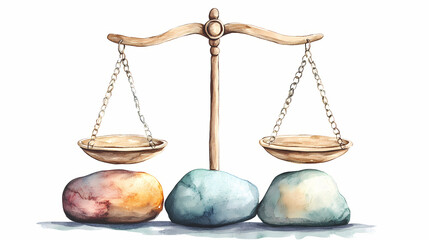 A traditional balance scale symbolizing justice, fairness, and equality, ideal for legal or ethical themes. watercolor style. Balance - Rocks. Illustration