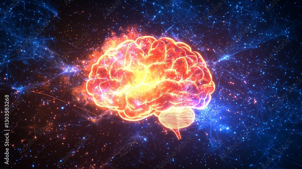 Poster a glowing brain symbolizes neural networks and ai intelligence in a cosmic setting.