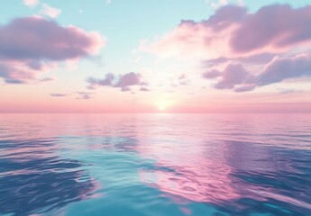 Obraz premium Tranquil seascape at sunset with pastel colors, soft clouds, and calm water reflecting the evening sky in a serene oceanic environment