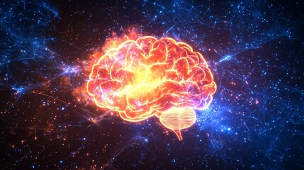 A glowing brain symbolizes neural networks and ai intelligence in a cosmic setting.