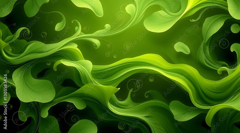 Poster an abstract design featuring flowing green waves, creating a vibrant and dynamic representation of n