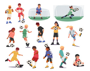 Diverse children football players cartoon characters wearing sports uniform enjoying game time