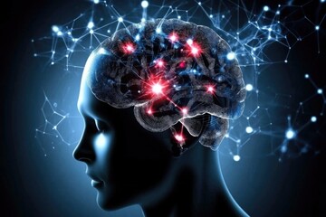 Obraz premium Digital human brain concept with neural network and glowing connections