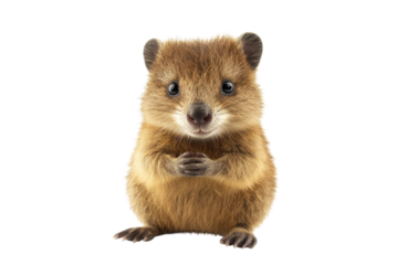 A curious quokka stands upright, gazing playfully while clasping its paws against a bright backdrop isolated on transparent background