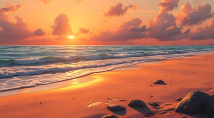 Obraz premium A serene beach scene at sunset, featuring gentle waves lapping against the shore, soft golden sand, and dramatic clouds, creating a peaceful and idyllic atmosphere perfect for relaxation and escape. 