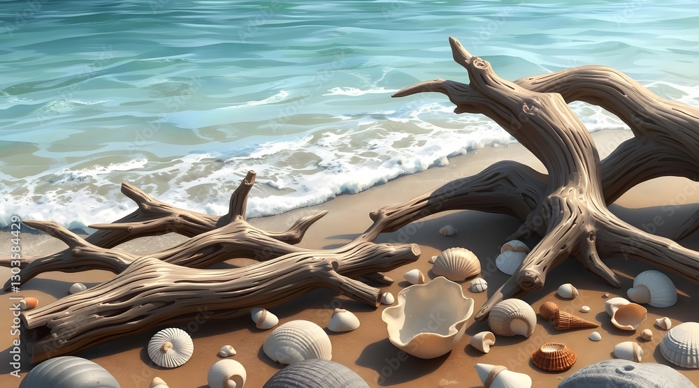 Poster driftwood and shells scattered on a sandy beach with gentle waves, creating a tranquil coastal scene