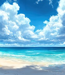 Obraz premium Tranquil Seascape with Soft White Clouds and Turquoise Ocean Under a Bright Blue Sky Captured on a Sunny Day at the Beach