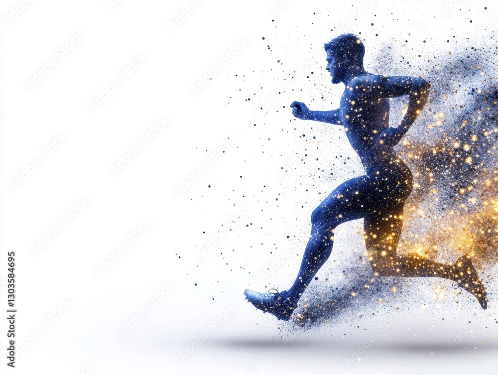 Poster dynamic silhouette of a runner in motion, surrounded by a burst of colorful particles, symbolizing e