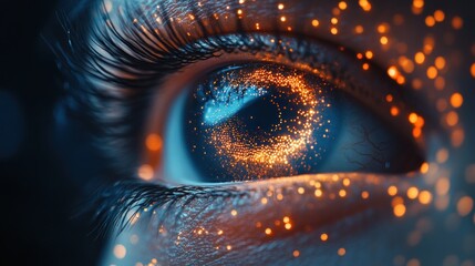 Close-up of a glowing eye, vibrant colors, abstract design, for use in digital art or science fiction