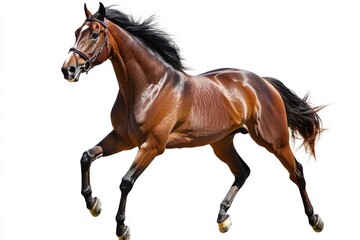 Obraz premium A majestic brown horse gallops gracefully against a white backdrop in stunning motion isolated on transparent background
