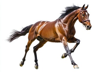 Obraz premium A magnificent horse gallops energetically in a bright studio setting, showcasing its powerful form isolated on transparent background