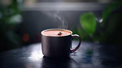   A steaming cup of hot chocolate sits on a table amidst a lush green background, emitting steam from its top