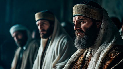 Close-up of pharisees at the time of Jesus reading books of the Torah in the synagogue. Biblical representation of the pharisees in religious attire.