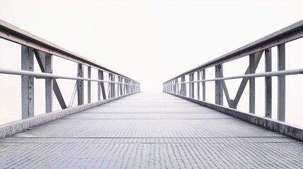 Metal Pier Extending into White Void Creates an Abstract Linear Perspective with Diamond Plate Surface and Structural Railings