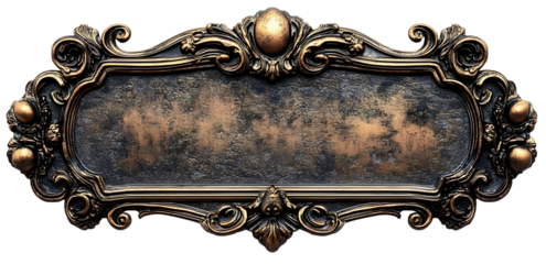 Vintage bronze nameplate with decorative frame, isolated on transparent cutout background