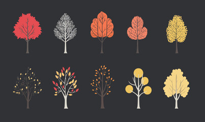 Obraz premium Minimalist Seasonal Trees Vector Illustration with Diverse Species Styles