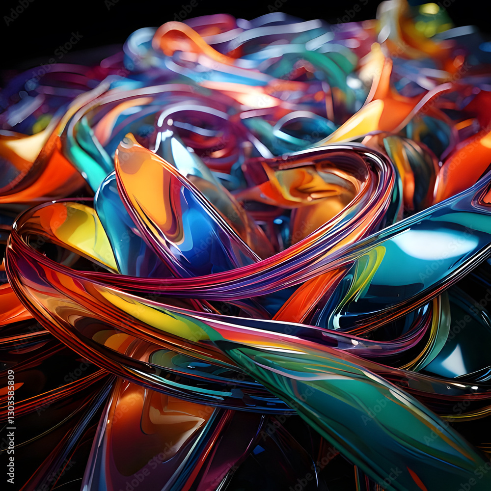 Poster ribbons of vibrant colors intertwine and gleam against a dark backdrop, creating a mesmerizing play 