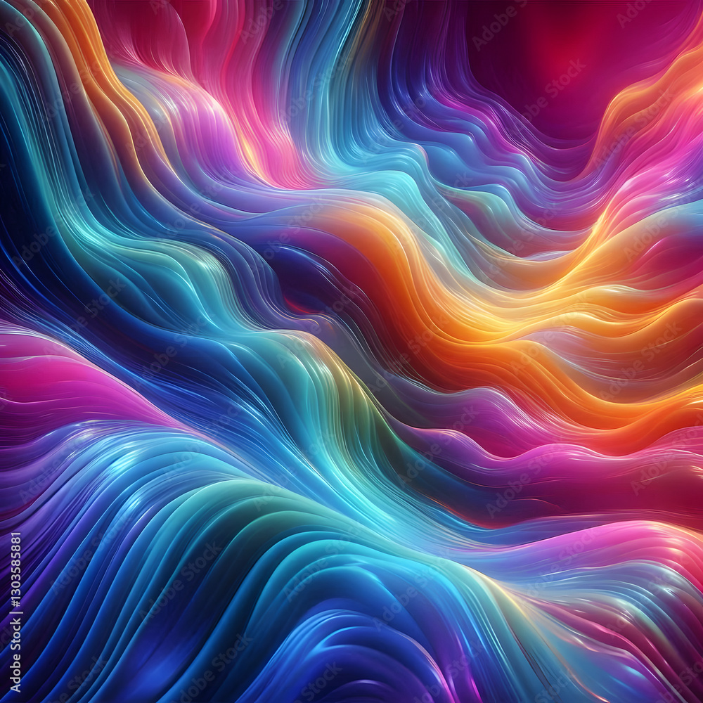 Poster luminous waves of vibrant colors flow and intertwine, creating a mesmerizing abstract pattern with a