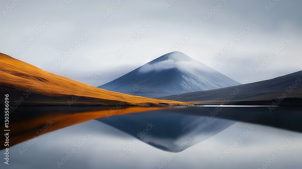 Poster a photo captures a majestic mountain with a clear lake in front, set against a hazy sky filled with 