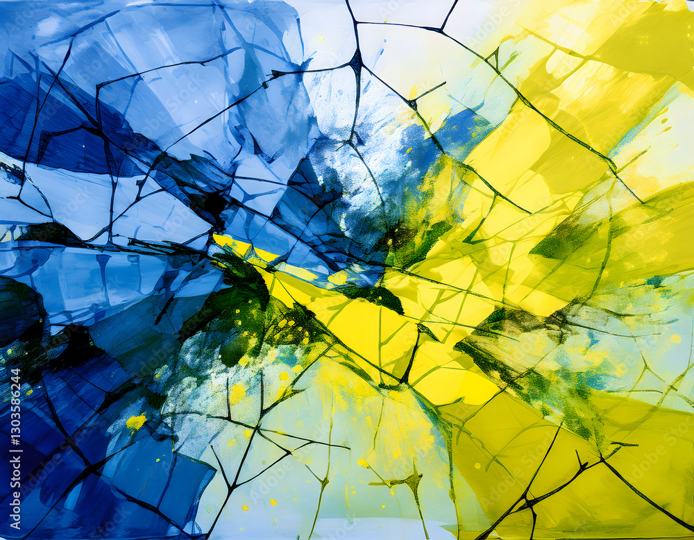 Poster an abstract painting with blue and yellow hues, featuring black lines and splatters, creating a frag