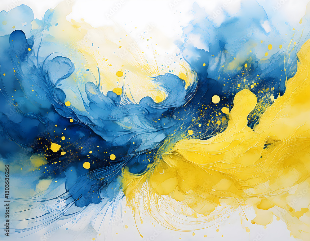 Poster a vibrant abstract painting with flowing blue and yellow hues, creating a dynamic and expressive com