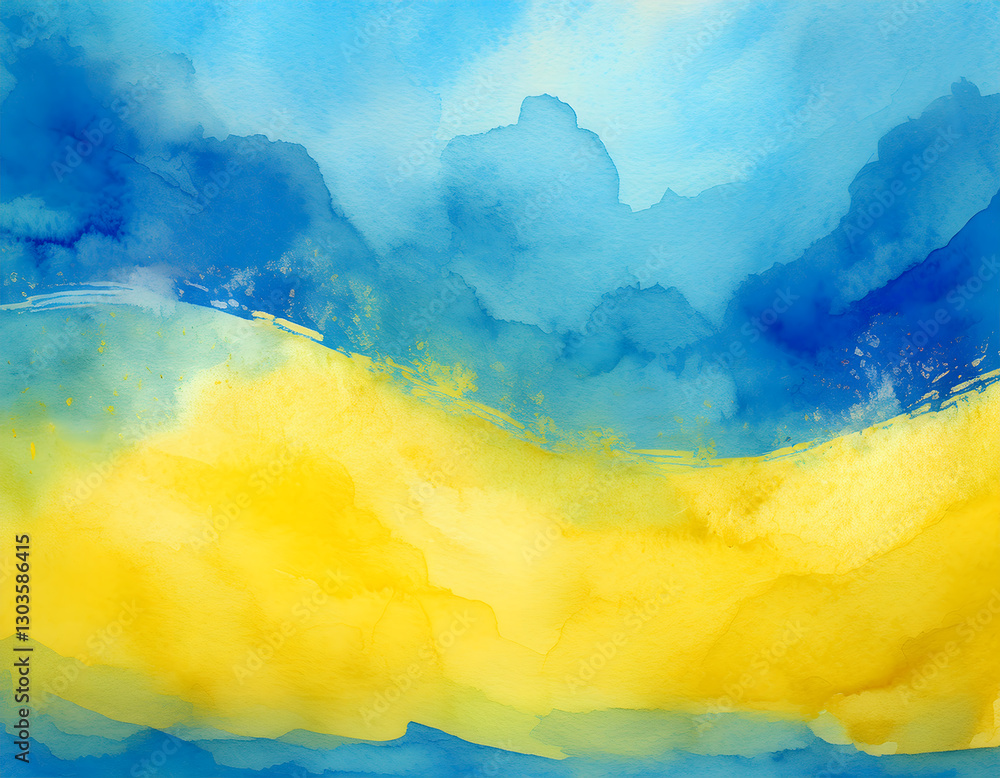 Poster an abstract painting in blue and yellow hues with dynamic brushstrokes and drips, creating a texture