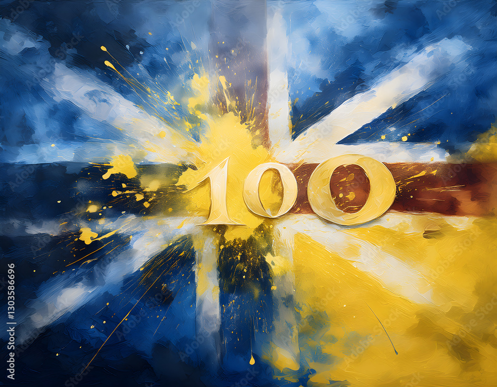 Poster a painted union jack with the number 100 in a central burst of yellow, creating a dynamic and celebr