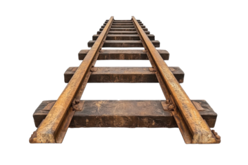 Rusty train tracks stretch into the horizon under a clear blue sky at midday in a tranquil setting isolated on transparent background