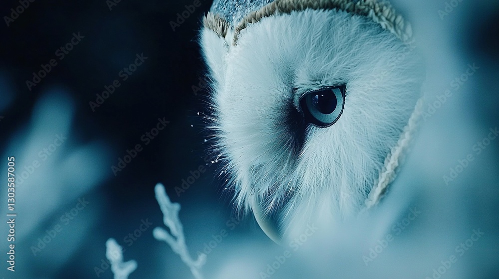 Poster a zoomed-in image of an owl wearing a hat, set against a background of a tree branch