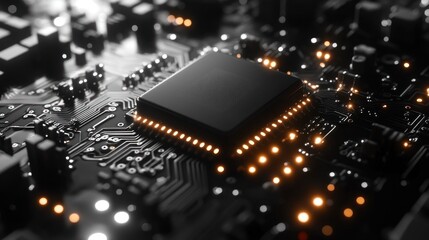 Obraz premium Close-up of CPU on motherboard with glowing lights, for tech backgrounds