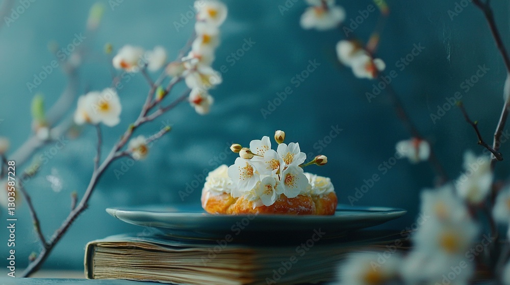 Poster a close-up plate of food on a table, with a tree branch in the background and a book in the foregrou