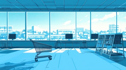 Empty modern city library interior with shopping cart, sunny view